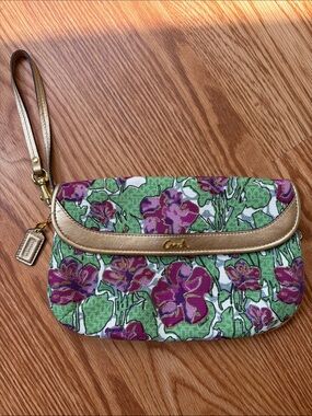 Coach Floral Wristlet in Green, Purple & Gold